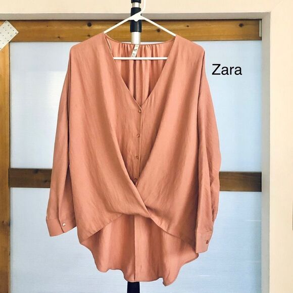 Zara Dusty Rose High Low Long Sleeve V-Neck Blouse/ Sz XS - Picture 2 of 8